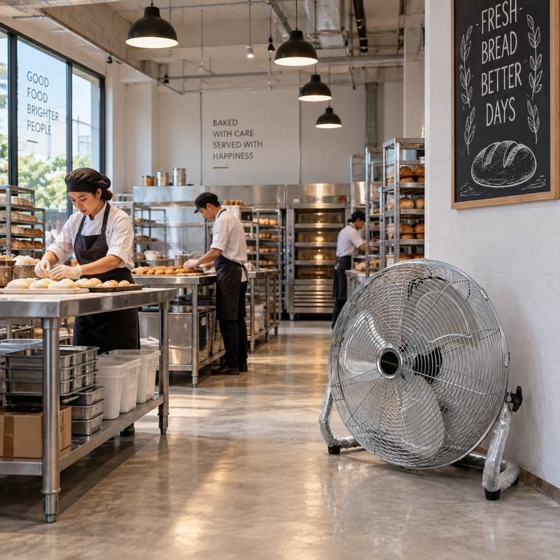 Airtechz industrial floor fan used in a bakery