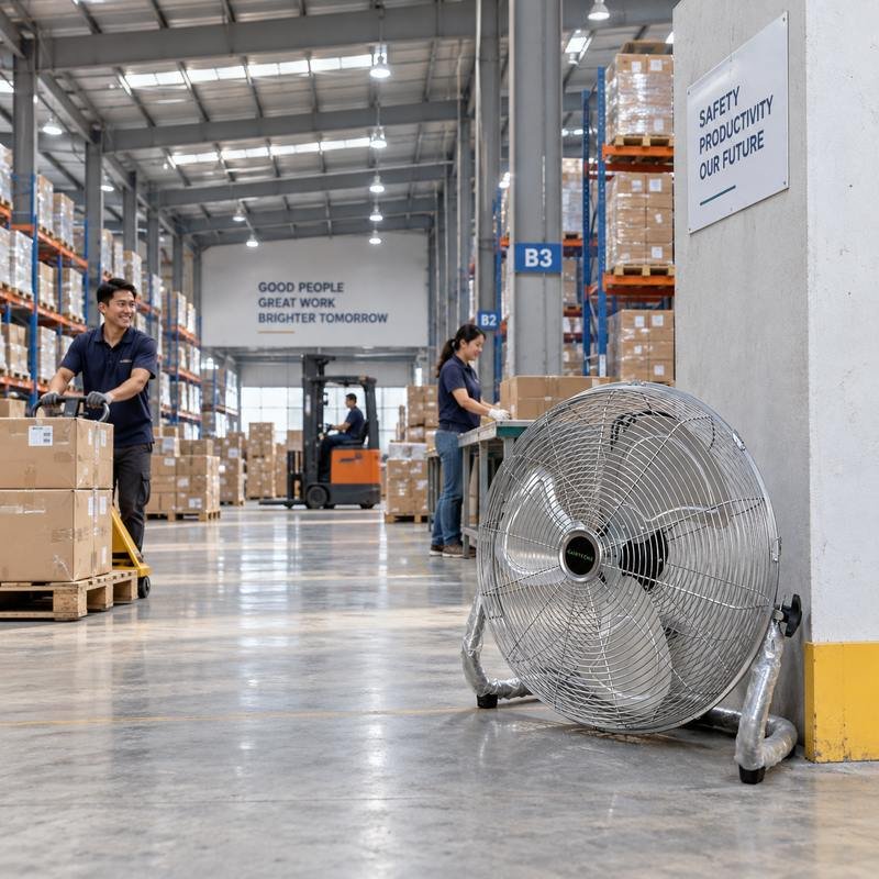 Airtechz industrial floor fan used for warehouse air circulation