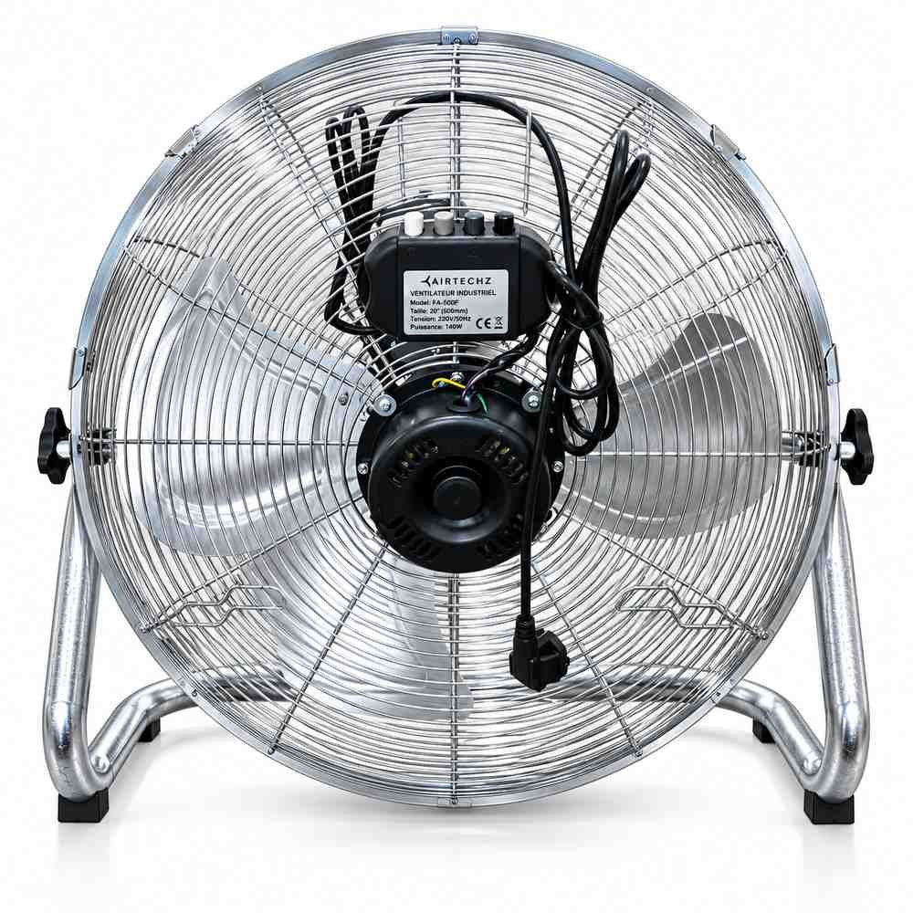 Rear view of Airtechz industrial floor fan showing motor and control box