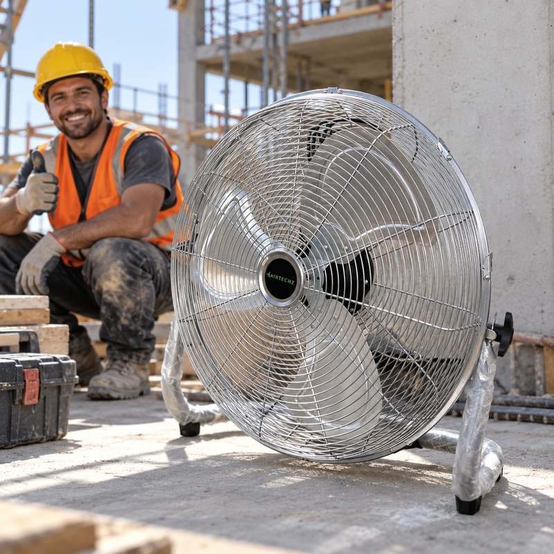 Airtechz industrial floor fan used at a construction site