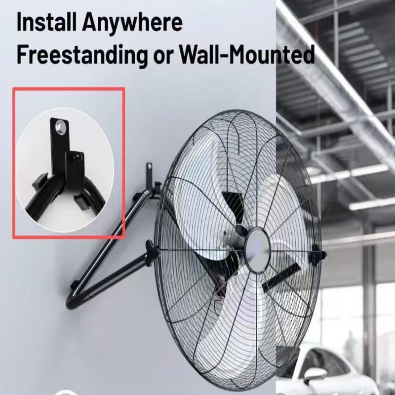Industrial floor fan with floor-standing and wall-mounted installation options