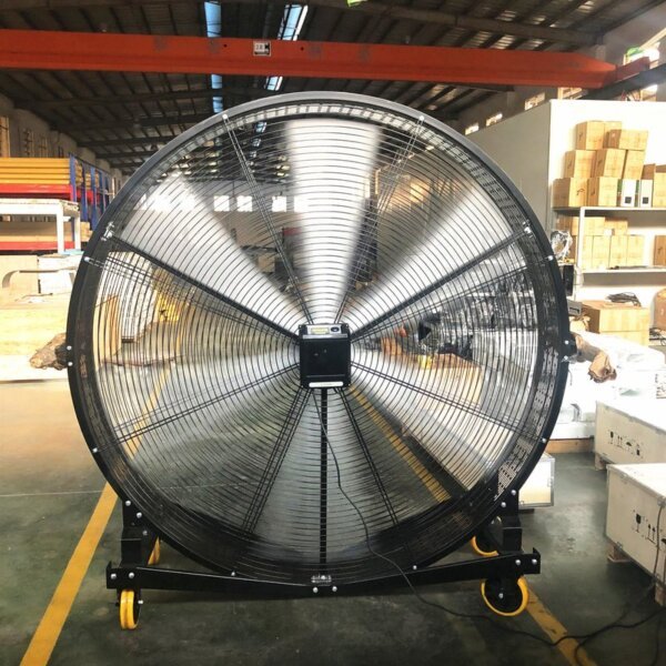 Assembled industrial mobile fan on a wheeled support frame