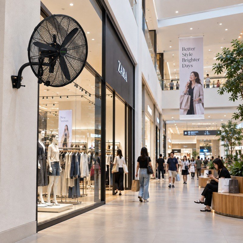 Illustrative industrial wall fan application in a shopping centre