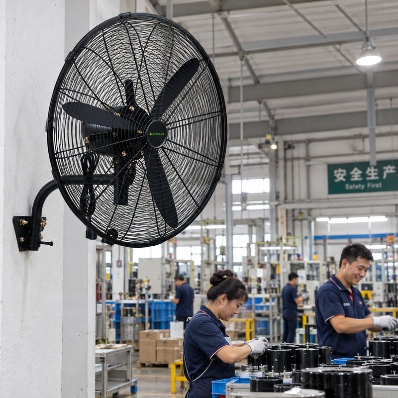 Illustrative industrial wall fan application beside a factory work area