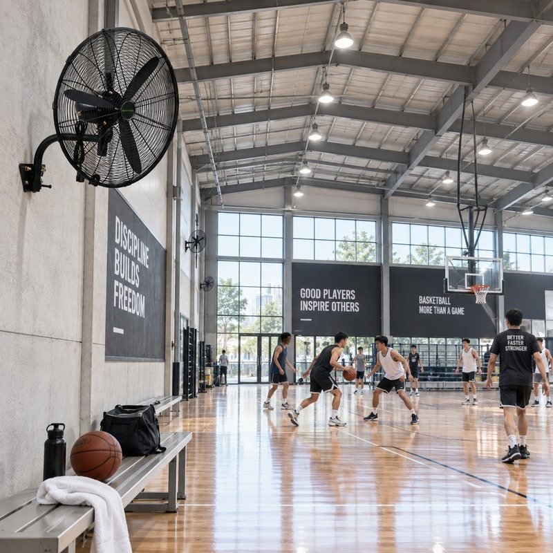 Illustrative industrial wall fan application in an indoor sports hall