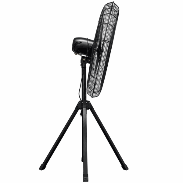 Side profile of a tripod-base industrial standing fan