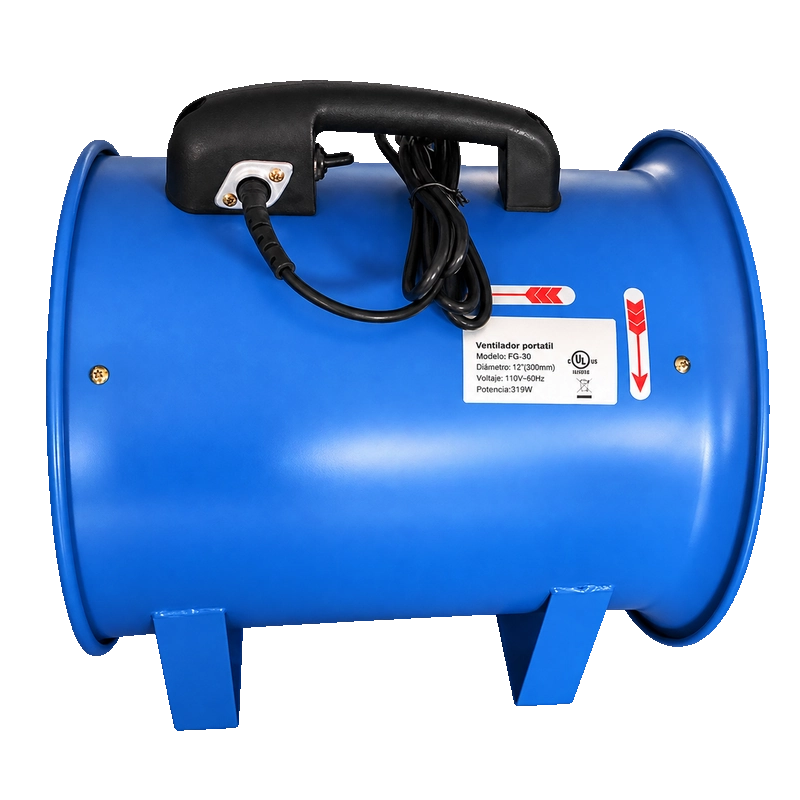 Blue portable ventilation blower shown from the side with a top handle and fixed feet