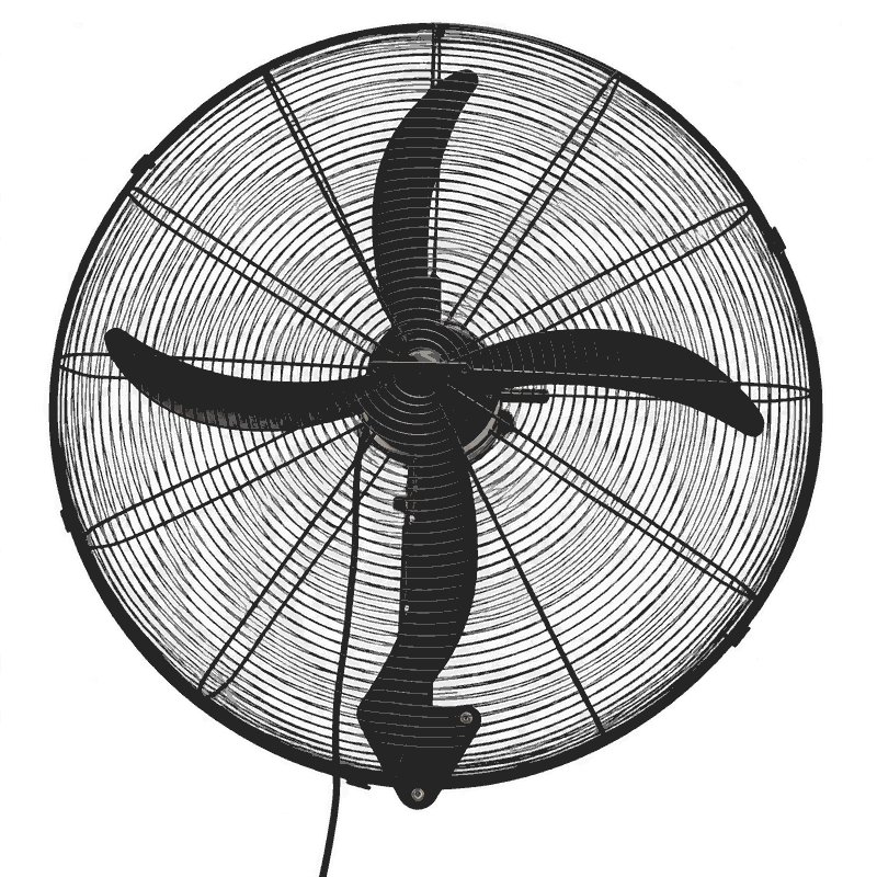 Industrial wall fan with four curved black blades