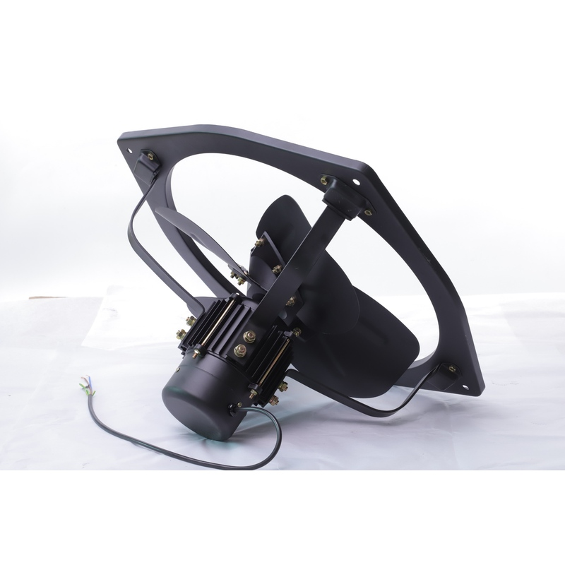 Rear view of the black GH heavy duty wall exhaust fan showing the finned motor housing and power cable