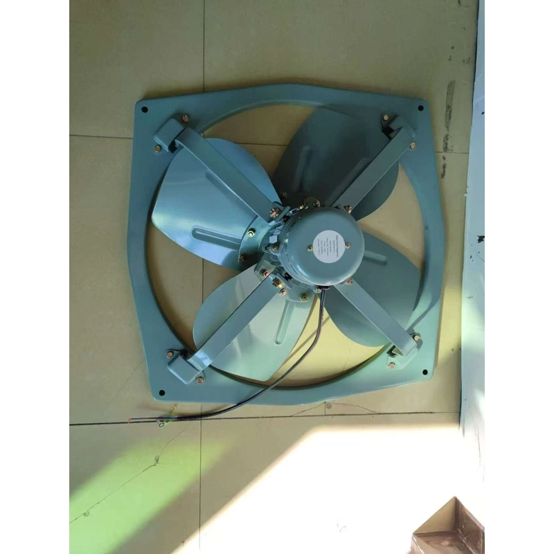 Heavy duty wall exhaust fan without a front grille, showing the four-blade propeller