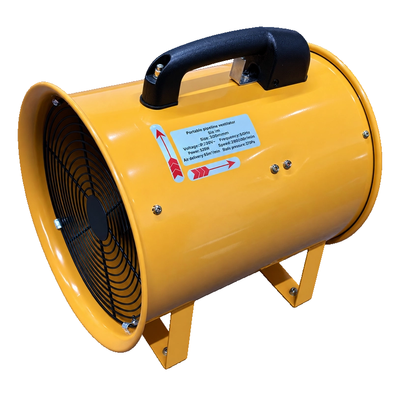 Yellow AIRTECHZ portable axial ventilation blower with carry handle, steel housing and protective grille