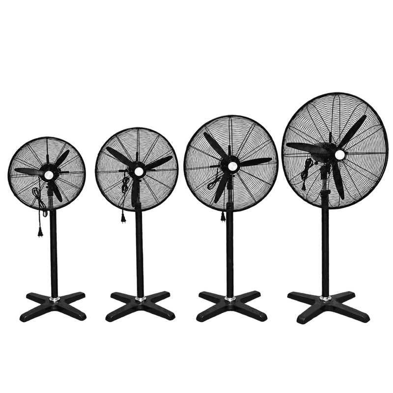 Industrial pedestal fan size comparison showing 20, 24, 26 and 30 inch fans