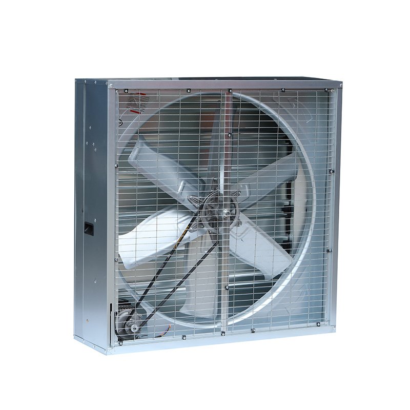 Square industrial exhaust fan viewed from the front and side