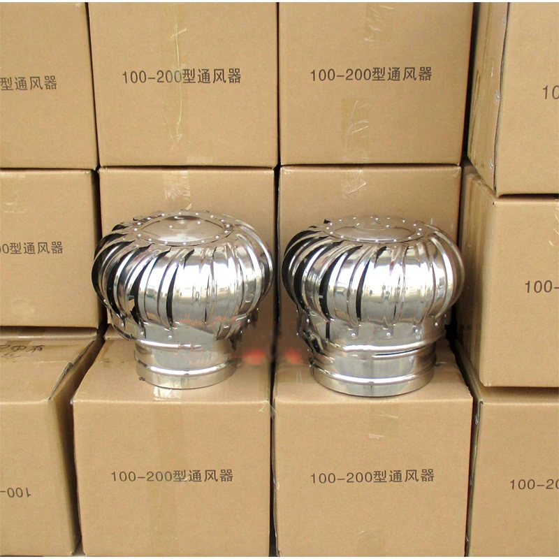 Assembled roof turbine ventilators displayed in front of their cartons