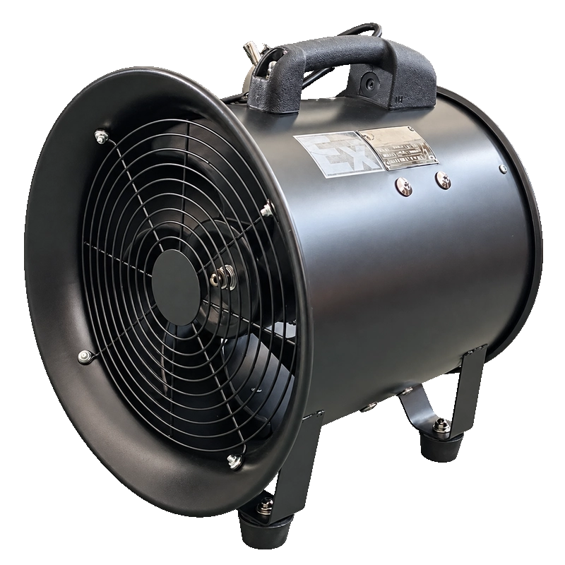 Black portable ventilation blower with carry handle and fixed support feet