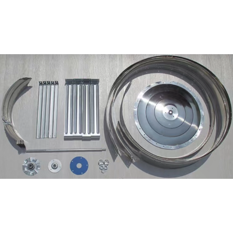Disassembled roof turbine components including blades, support rods, rings and fasteners