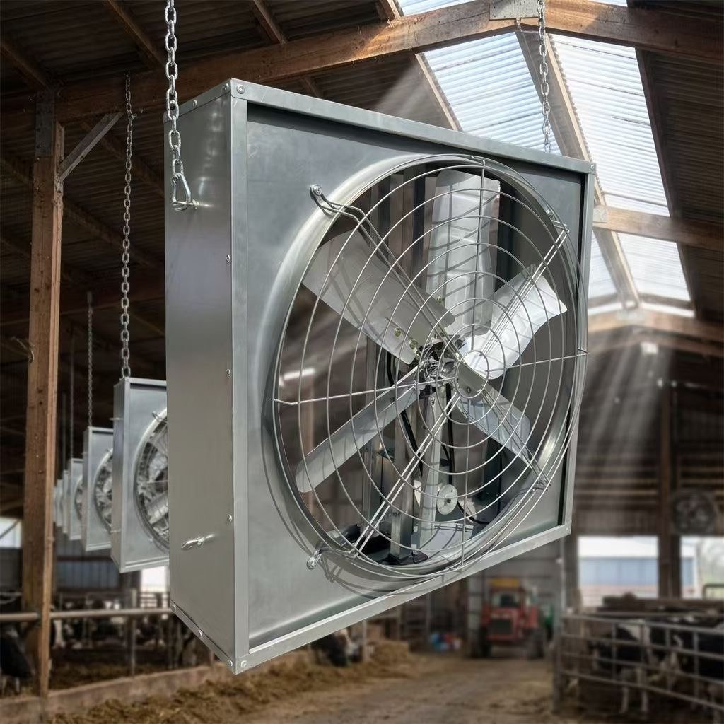 Industrial exhaust fan suspended inside a building
