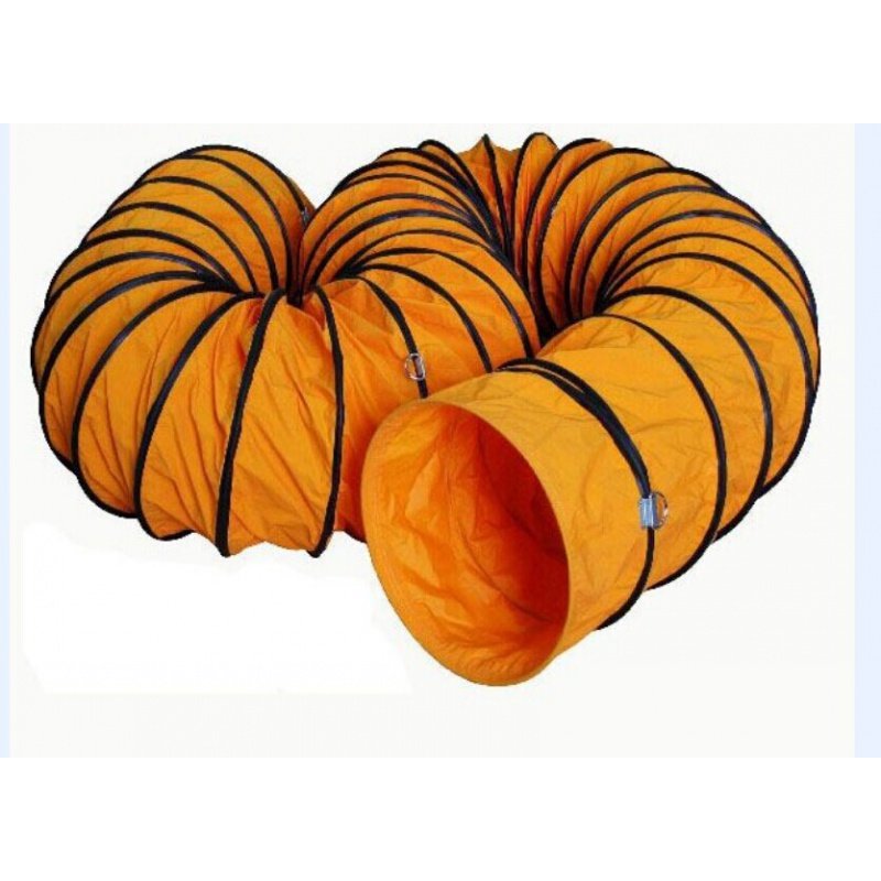 Orange flexible ventilation duct with black reinforcing spiral, shown bent into a loop