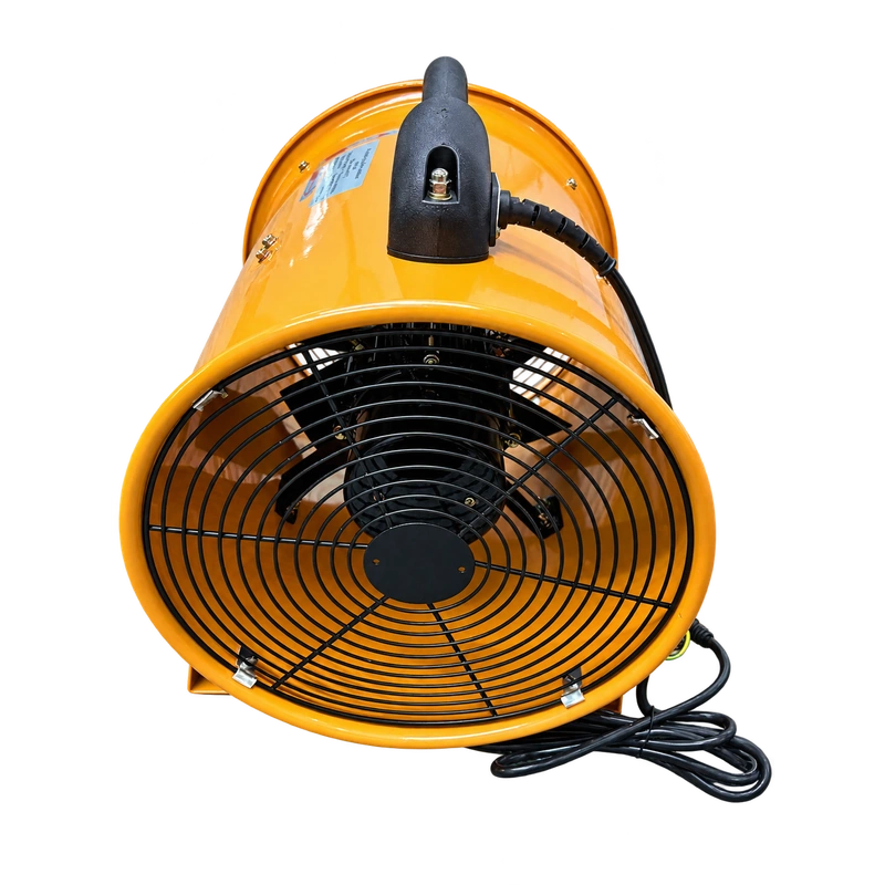 Front view of a portable ventilation blower on fixed feet with a top carry handle