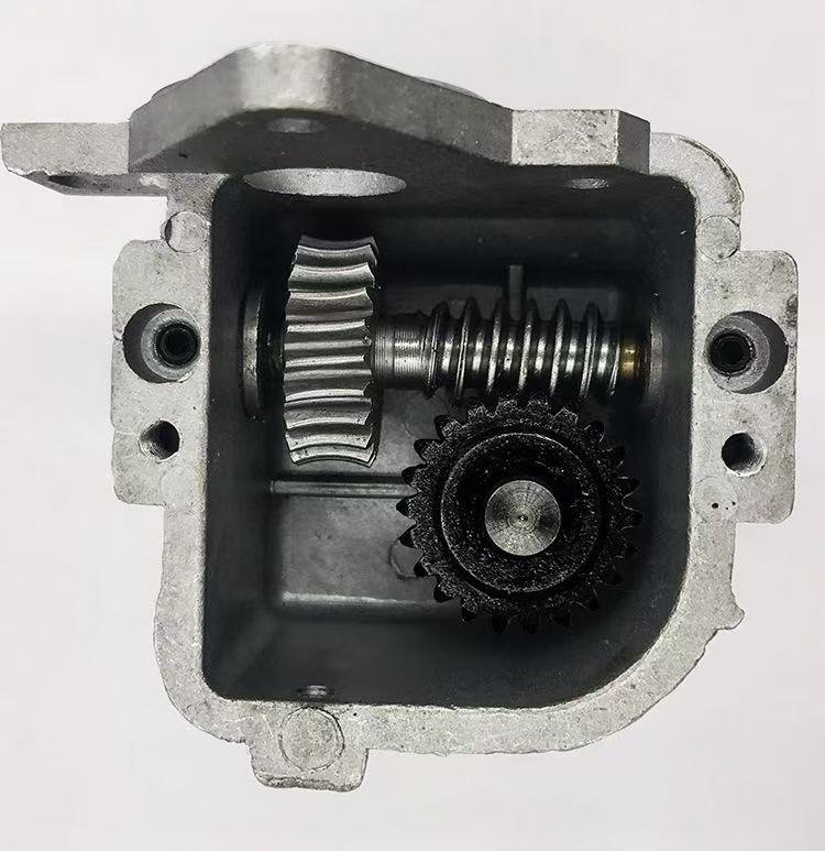 Metal oscillation gearbox showing gears and worm drive
