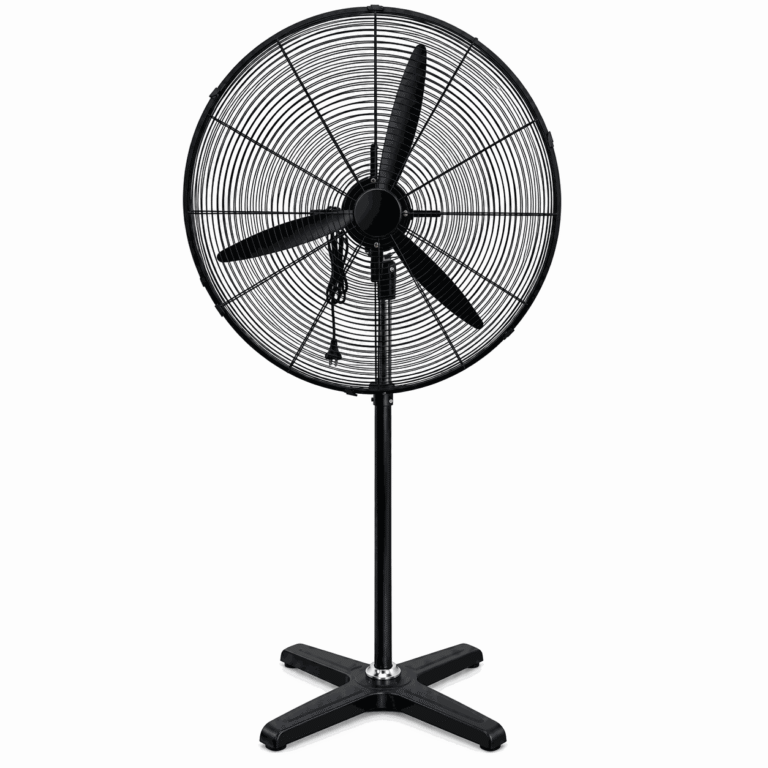 Black industrial pedestal fan with metal grille, three-blade impeller and cross base