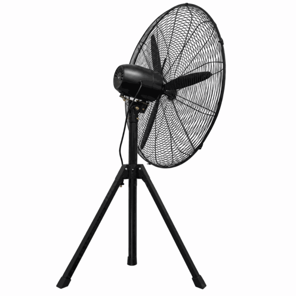 Rear three-quarter view of an industrial pedestal fan with a tripod base