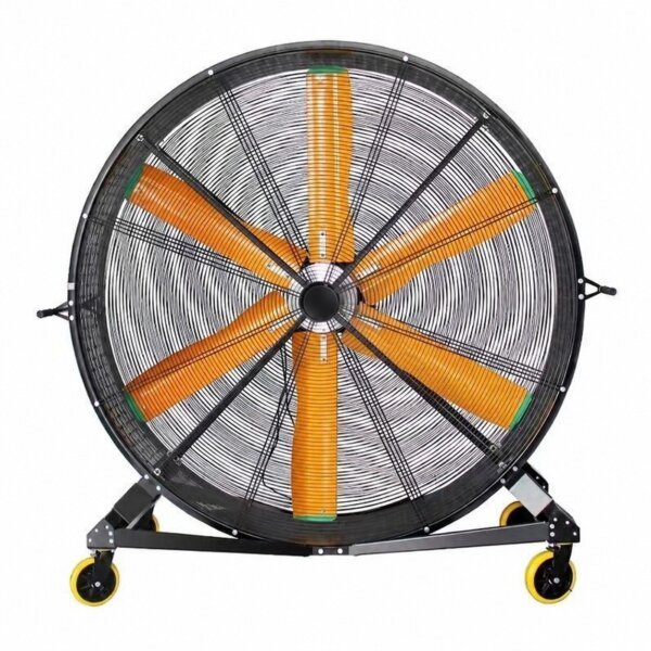 Mobile industrial fan with yellow wavy-profile blades and braked casters