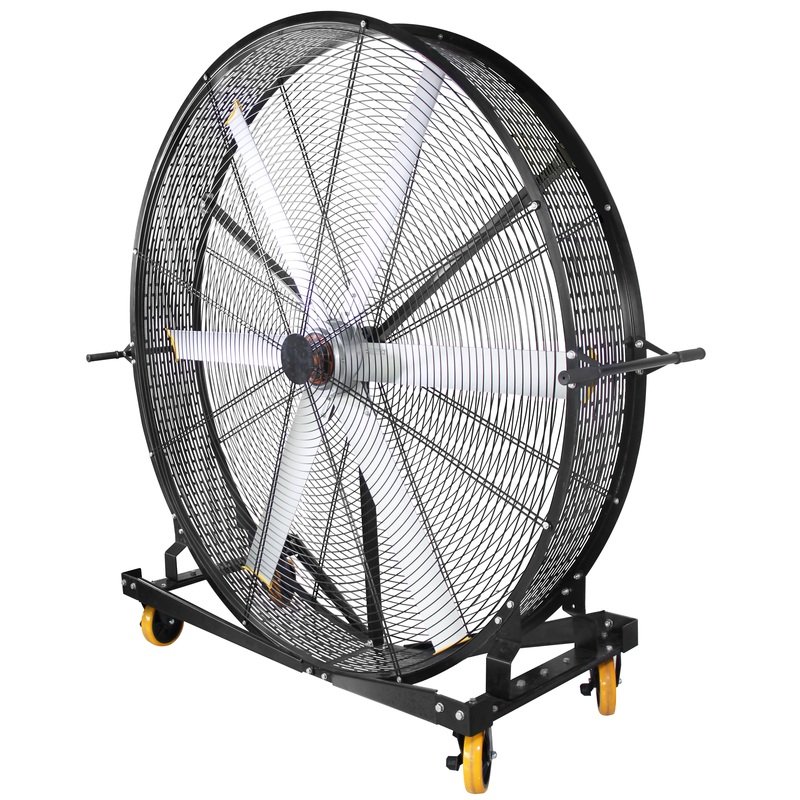 Industrial BLDC mobile fan with six metal blades, protective grille and caster base