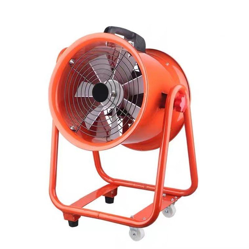Red portable axial ventilator mounted on a wheeled frame with a pull handle