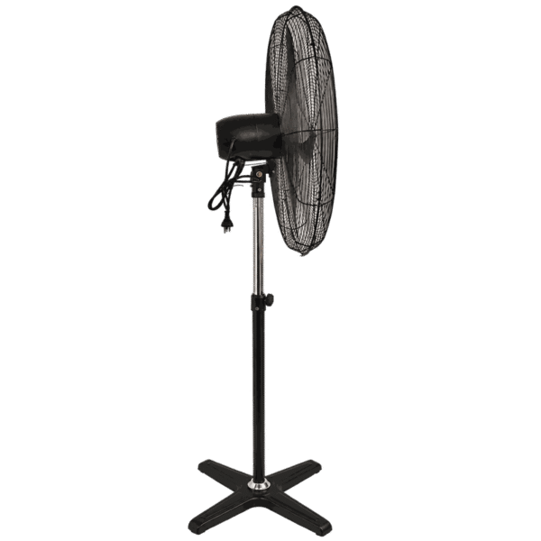 Side view of industrial pedestal fan showing grille, motor, support column and cross base
