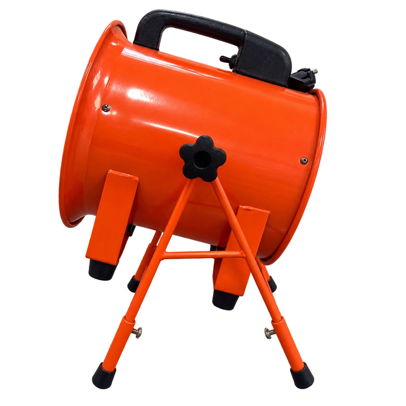 Orange portable ventilation blower on an adjustable tilting floor stand with locking knob