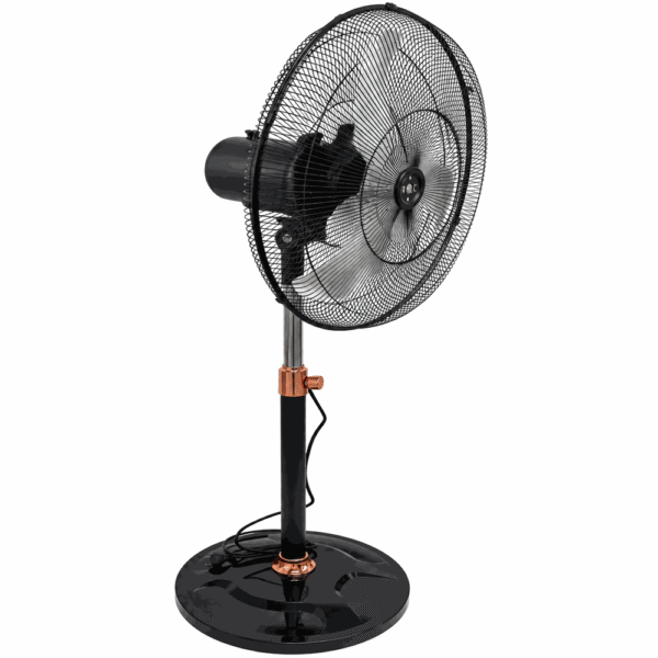 Industrial pedestal fan with a wide round base