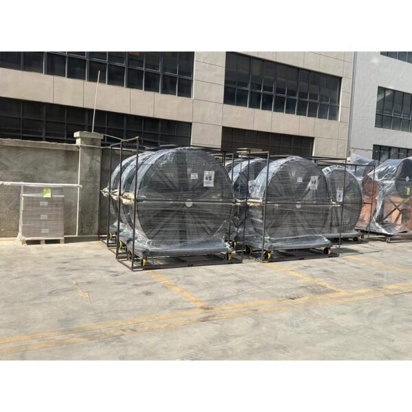 Industrial mobile fans secured in steel transport frames