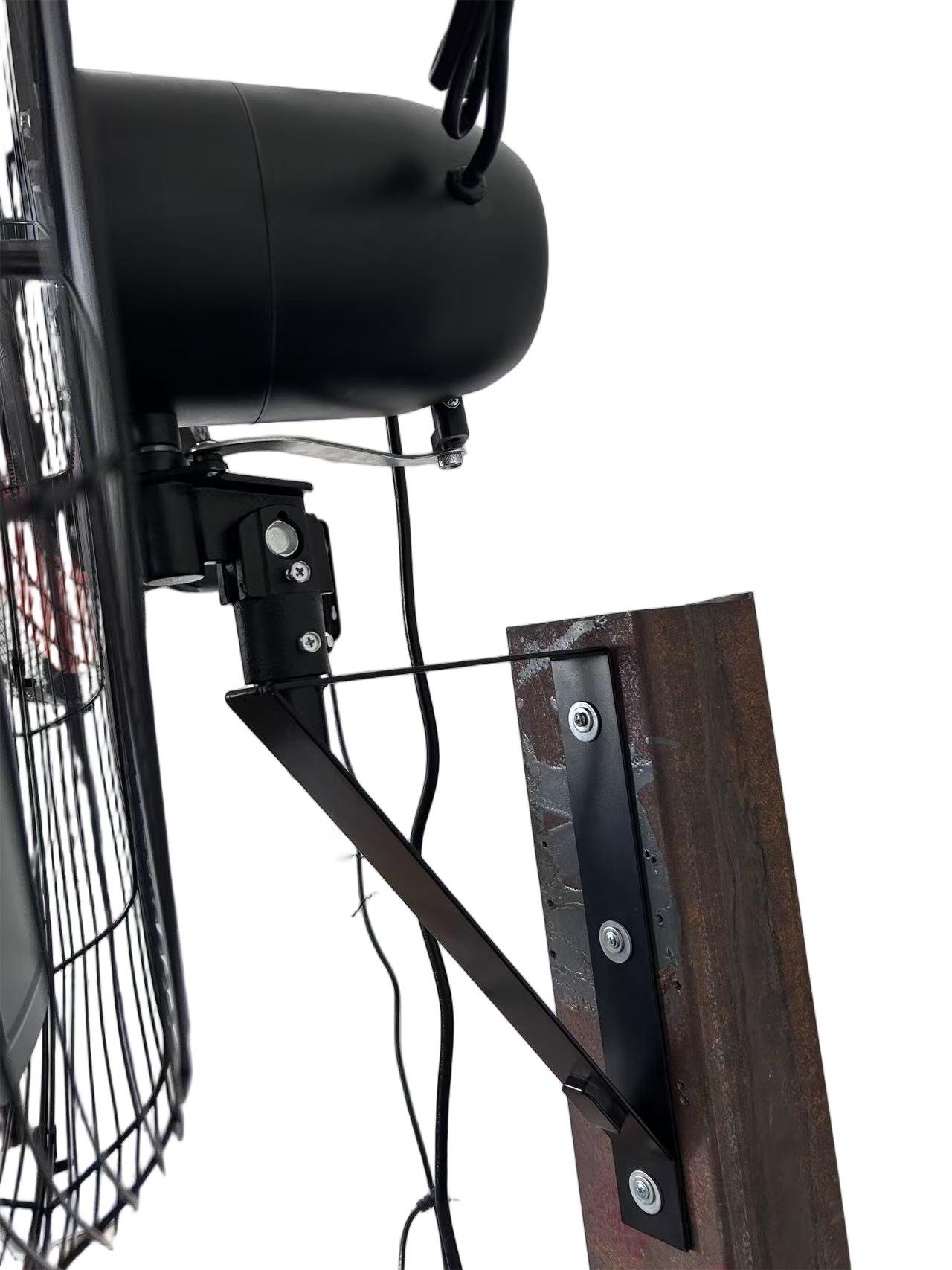 Triangle support bracket on the rear of an industrial wall fan