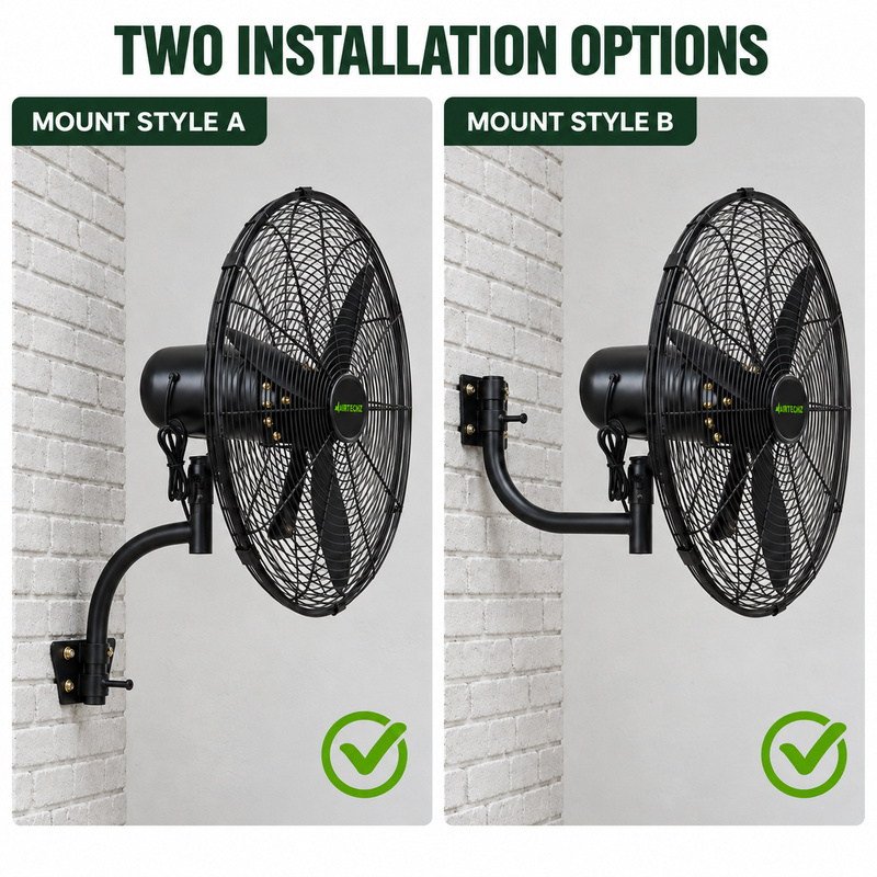 Two industrial wall fan installation illustrations showing low and high wall plate positions