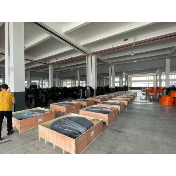 Plywood-packed mobile fans prepared for shipment