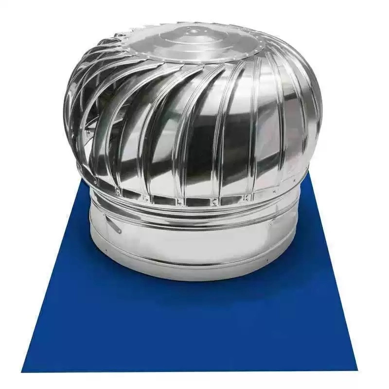 Roof turbine ventilator fitted to a blue colour-coated steel mounting base